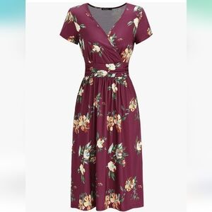 OUGES Women's Summer Short Sleeve V-Neck Floral Short Party Dress with Pockets